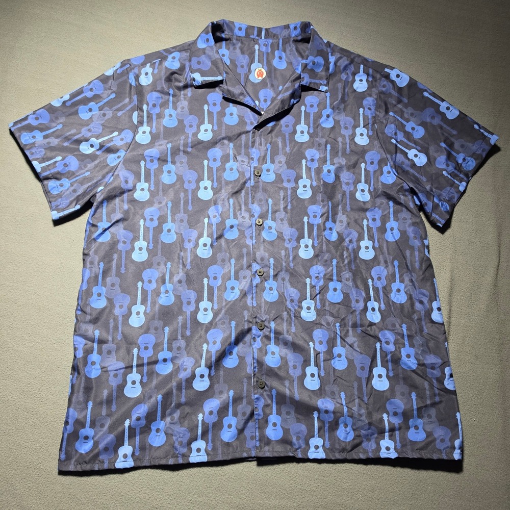 Analytico Mens 2XL Blue Guitar Print Short Sleeve Button Down Shirt Recycled